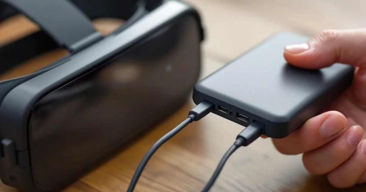 FPV Brille mit angeschlossenem USB-C Powerbank und Kabel