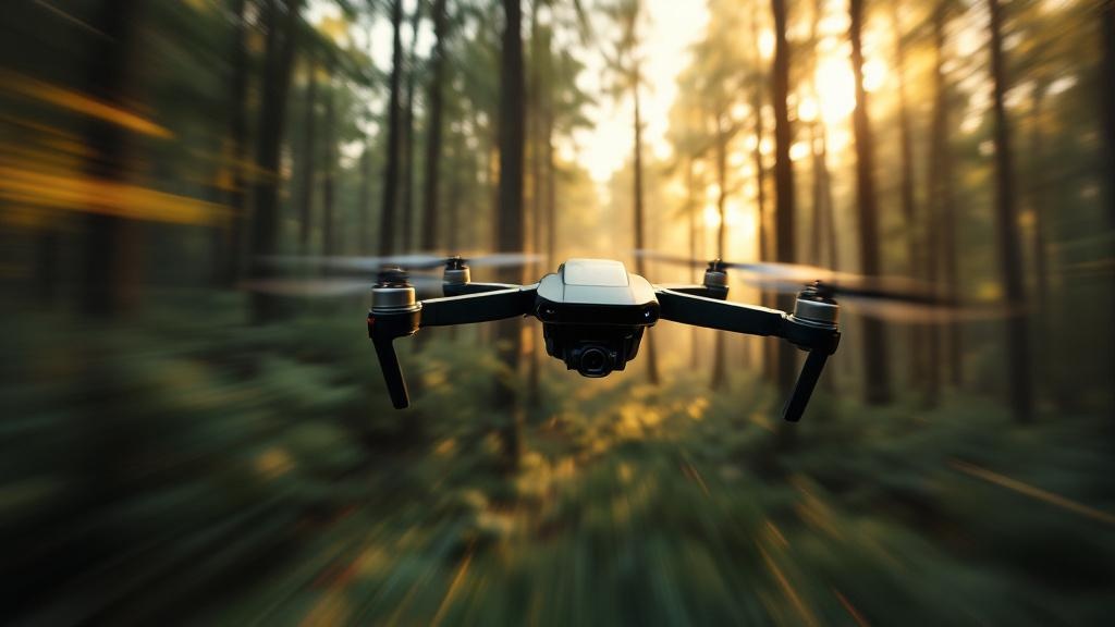 FPV-Drohne fliegt durch einen Wald mit einer FPV-Brille im Vordergrund