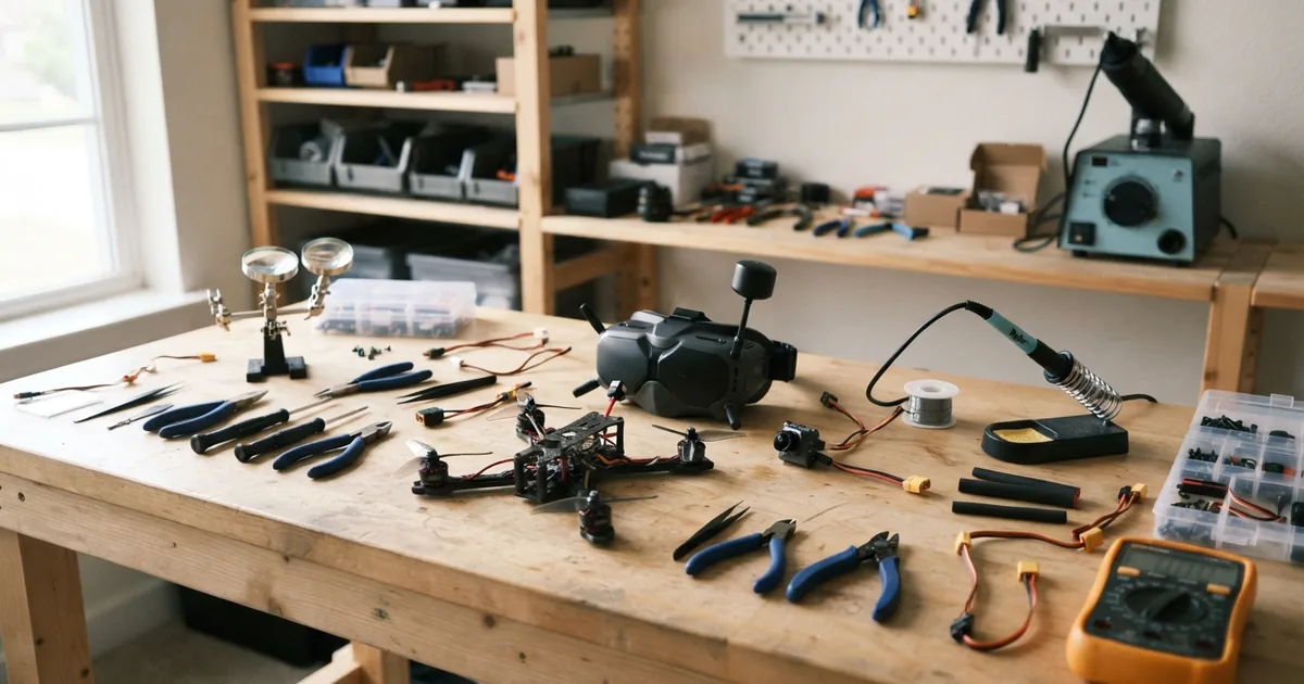 Eine moderne FPV Videobrille auf einem Tisch neben einer FPV Drohne
